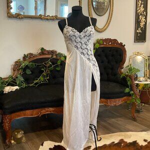 Vintage Val Mood Satin Lace Panel Maxi Dress night gown lingerie Neck M White